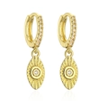 Close-up of 18K gold-plated heart lock earrings featuring zircon stones and radial texture - Evil Eye