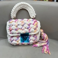 Handmade woven tote bag in white with colorful pink orange and purple yarn accents - New 1