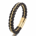Bracciale in pelle intrecciata nera e marrone con filo d'acciaio dorato e chiusura magnetica - Mix Marrone e Nero