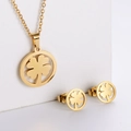 Elegant gold stainless steel jewelry set with hollow clover pendant necklace and stud earrings - Clover in Circle