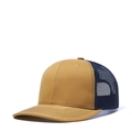 Curved brim trucker hat featuring khaki front panel and navy blue mesh back - Adjustable / Biscuit + Navy Mesh