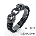 Punk-Armband aus schwarzem Leder mit zwei Vintage-Stahlschädeln und Metallring-Verschluss - Totenkopf-Stil (KB144771-KFC)
