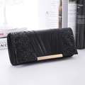 Elegant black evening clutch with sequin拼接 and pleated satin finish for women - 24*11cm*5cm / Black