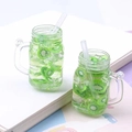 Miniature kiwi soda mason jar pendant with green liquid and straw for DIY crafts - Green Straw Cup