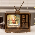 Retro TV Christmas snow globe music box in bronze finish with Santa Claus scene - TV Santa with Street Lamp
