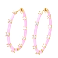 Pink enamel hoop earrings with sparkling cubic zirconia on gold metal base - Gold Pink