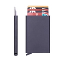 Slim matte black RFID aluminum card holder with automatic pop-up mechanism and card layering - Black