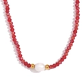 Handmade necklace with red faceted crystals, single white pearl, and gold accents - Transparent Red
