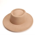 Overhead view of a khaki wide-brim wool felt jazz hat with a unique round indented crown - 57cm / Camel