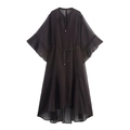 Elegant black bohemian chiffon maxi dress with bell sleeves and waist tie detail - XS / Chestnut