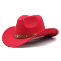 Close-up of red wool felt cowboy hat with brown leather band and gold stud accents - Red