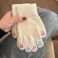 Winter cream knit gloves with cute cartoon face embroidery on fingertips and ribbed cuffs - Funny Face White