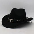 Classic black western cowboy hat featuring a silver bull head buckle and leather band - Bull Head Belt Buckle Decor / Black