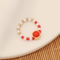 Handmade beaded ring with red natural stone and white pearls on stainless steel band - Red