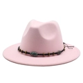 Pink wool fedora hat with wide flat brim and bohemian ethnic beaded band for women - Pink