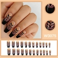 French wheat ear pattern ombre black coffin press-on nails set for women, 24pcs - Black Ombre Leaf Style (W3075 with Glue)