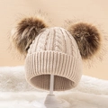 Beige baby knit hat with two brown faux fur pom poms and thick cable knit texture - Adult Beige