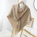 Beige knitted triangle shawl cardigan with brown leather buckle and vertical texture - Beige