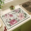 Rectangle beige kitchen drying mat with vintage floral pattern and center emblem - MSHH-5/Beige Vintage Floral