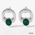 Boucles d'oreilles vintage argentées avec pierres ovales vert foncé serties - Argent Avec Zirconia Vert (PDE898)