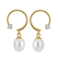 S925 silver pearl drop earrings in gold finish featuring round white pearls and crystals - Golden Round Hook Pearl Drop Earrings (GPE43)