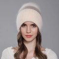 Berretto da donna in maglia di pelo di coniglio beige e grigio con bordo a coste - Beige
