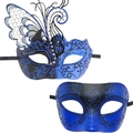 Venetian style 2-piece butterfly masquerade mask set in blue and black glitter finish - Blue Couple Butterfly Mask And Half Face Mask