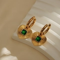 Elegant 18k gold plated heart earrings with emerald green stone and relief texture - Green Gemstone Heart