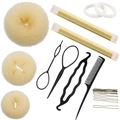 Macro shot of a complete professional hair styling kit with bun makers and tail comb - 21-Piece Beige Set / Beige
