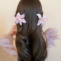 Detail of pink and white gradient fabric lily flower hair clips on brown wavy hair - 33# Duckbill Clip - Light Pink - Gradient Pink/White Lily Single