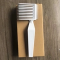 Double-sided white barber fade comb with ergonomic long handle on wooden background - Model A White 1Pc Kraft Box