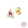 S925 sterling silver earring with pink rectangle stone and white zircon detail - Single Gold-2 Layer Rose Red Zirconia Stud
