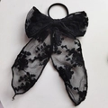 Elegant black lace bow hair tie with long ribbon tails and embroidery detail - Black Hair Tie
