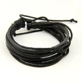 Men's multilayer black leather braided bracelet with adjustable cord closure on white background - 3 Strips 5 Threads / Black