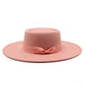 Detailed view of pink wool felt boater hat featuring a matching ribbon and bow decoration - One Size / Dusky Pink