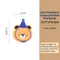 Orange bear shaped wood pulp sponge with blue polka dot hat and size measurements - Printed Bear