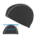 Black swim cap with white piping and logo in transparent self-sealing plastic bag - Nylon Trimmed Black