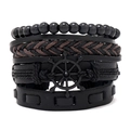 Handmade vintage leather bracelet set featuring black beads and a nautical rudder charm - Black Anchor Leather Band Style (HTK002-K) / Set of 4