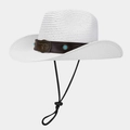 Close-up of white straw cowboy hat with bull head metal buckle and turquoise beads decoration - White
