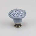 Blue ceramic drawer knob with embossed floral pattern and antique bronze metal base - High Base / Gray