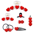 Romantic red heart hair clip and elastic band set for women and girls on white background - Set 1 (8-Piece Set)