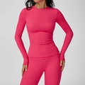 Slim fit rose red long sleeve yoga set with crew neck and high elasticity leggings - S / Tops / Peony Red