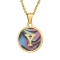 18K gold plated necklace with round pendant featuring a colorful shell and letter Y - Colorful Abalone Shell Letter Y