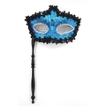 Venice Princess masquerade mask with blue sequins and silver rhinestones on a hand-held stick - Sequined Edge Handheld Style / Blue