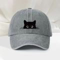 Vintage gray washed denim baseball cap featuring a minimalist black cat embroidery graphic - Gray