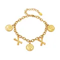 Gold stainless steel chain bracelet with Queen head coin and X-shaped charms - Gold-Letter X
