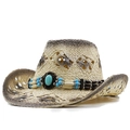 Cappello da cowboy in paglia a tesa larga con fascia di perline turchesi e ricamo - Beige-Nero