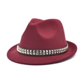Classic burgundy felt jazz fedora hat with double-row gold rivet band decoration - M (56-58cm) / Burgundy