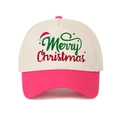 Detail of Merry Christmas embroidery on cream and magenta five-panel baseball cap - Rose Red