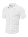 Detailopname van wit herenoverhemd met korte mouwen en geometrisch jacquardpatroon - S / Wit